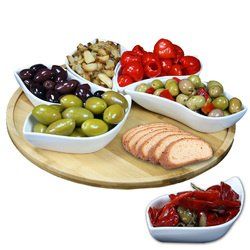 Elama Signature Modern 13.5 Inch 7pc Lazy Susan Appetizer and Condiment Server Set with 6 Unique Design Serving Dishes and a Bamboo Lazy Suzan Se