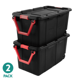 Large Wheeled Industrial Storage Bin, 40 Gallon Rugged Plastic Storage Tote with Latch Lid and Pull Handle, 2 Pack (Color: Black, pack size: 2 Pack)
