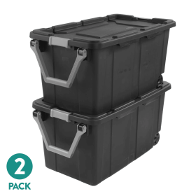 Large Wheeled Industrial Storage Bin, 40 Gallon Rugged Plastic Storage Tote with Latch Lid and Pull Handle, 2 Pack (Color: Gray, pack size: 2 Pack)