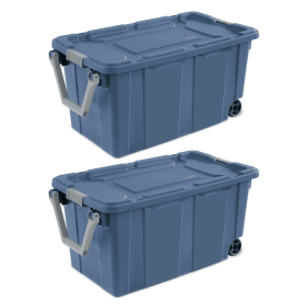 Large Wheeled Industrial Storage Bin, 40 Gallon Rugged Plastic Storage Tote with Latch Lid and Pull Handle, 2 Pack (Color: Blue, pack size: 2 Pack)