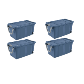 Large Wheeled Industrial Storage Bin, 40 Gallon Rugged Plastic Storage Tote with Latch Lid and Pull Handle, 2 Pack (Color: Blue, pack size: 4 Pack)