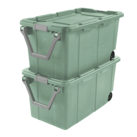 Large Wheeled Industrial Storage Bin, 40 Gallon Rugged Plastic Storage Tote with Latch Lid and Pull Handle, 2 Pack (Color: green, pack size: 2 Pack)