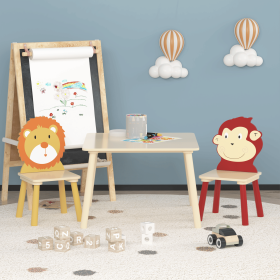 Kids Table and 2 Chairs Set, 3 Pieces Toddler Table and Chair Set, Wooden Activity Play Table Set (Color: Natural, Pattern: Lion&Monkey)