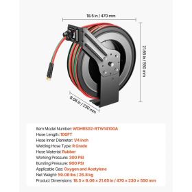 Retractable Welding Hose Reel, 1/4 Inch X 100FT Twin Oxygen Acetylene Rubber Hose Max 300PSI - R Grade, Ceiling/Wall Mount Heavy Duty Steel Hose (Option: Black)